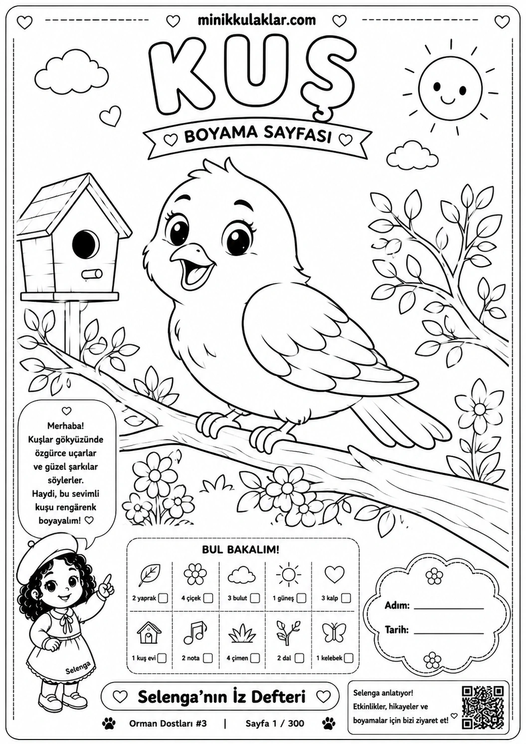 Kuş Boyama Sayfası (Ücretsiz PDF İndir ve Yazdır)